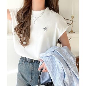 tシャツ 半袖 大人女子の上品ベーシック。綿100％シルケットモックネックフレンチTシャツ(刺繍) レディース