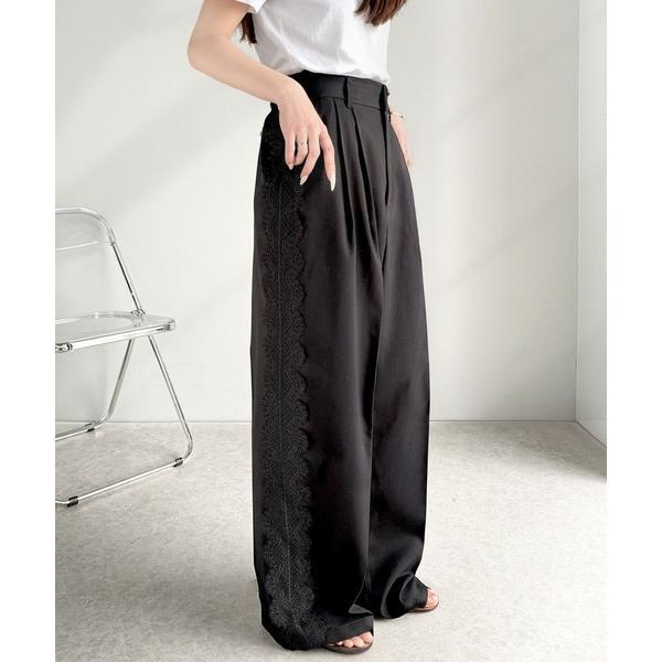 スラックス パンツ 大人エレガントなルックス。TRPUツイル サイドレース タックワイドスラックス ...