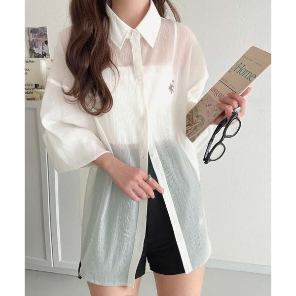 ブラウス シャツ シアーなゆるシルエット。胸ワンポイント刺繍ビッグシアーシャツ レディース