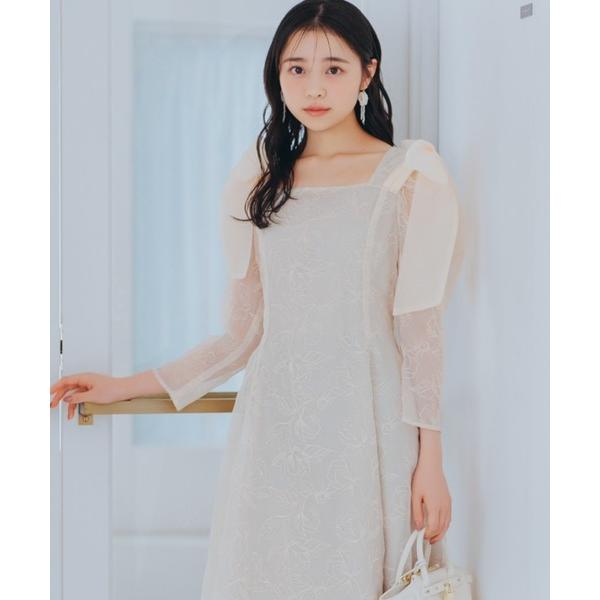 ドレス フラワー刺繍肩リボンドレス