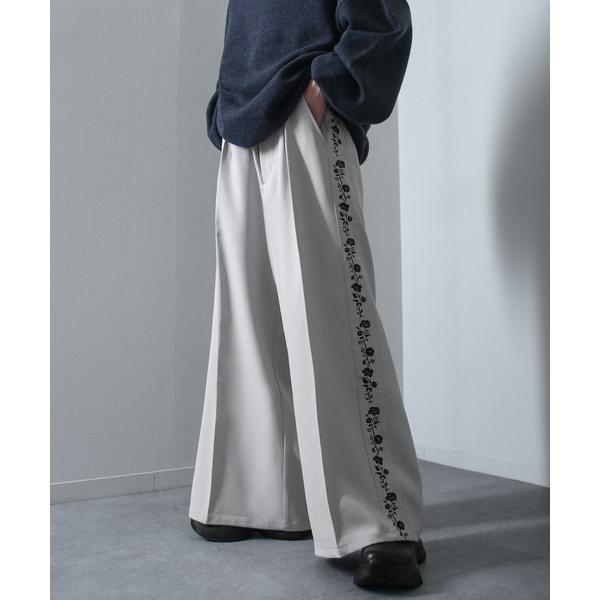 スラックス サイドライン 花刺繍 ワイドバギーフレアスラックス メンズ レディース