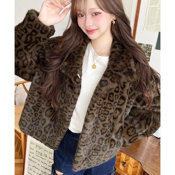 ブルゾン アウター スタンドカラーレオパード柄ファーブルゾン レディース