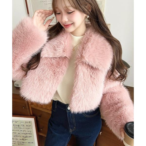 コート アウター ショート丈ビッグカラーフェイクファーブルゾン レディース