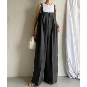 サロペット オーバーオール フロントジップタック入りピンストライプオールインワンワイドパンツサロペット レディース