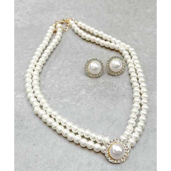 ピアス パールビジュー2連ネックレス×ピアスアクセサリー2点セット 「ネックレス＋ピアス」 レディー...
