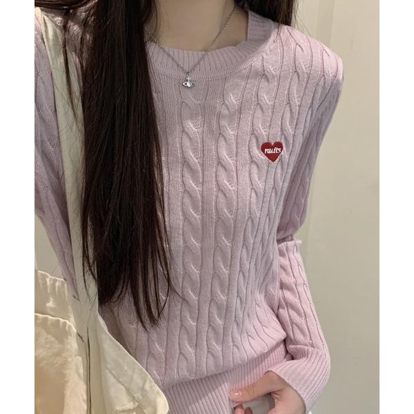 ニット セーター 韓国風 ハート刺繍 ツイストセーター レディース