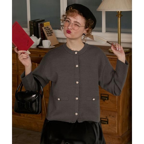 カーディガン 「BONLECILL noir」パールボタンノーカラーニットジャケット／カーディガン ...