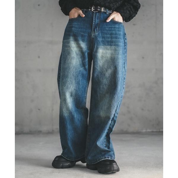 ワイドパンツ ジーンズ Wide straight vintage washed denim pan...