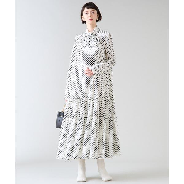 ワンピース ドットプリントボウタイティアードワンピース