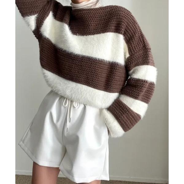 ニット セーター ショート丈 オーバーサイズ ボーダーニット レディース