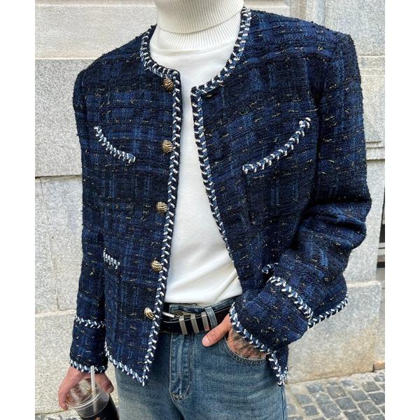 ジャケット ノーカラージャケット ラグジュアリーブルーツイードジャケット メンズ レディース