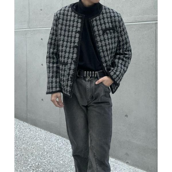 ジャケット ノーカラージャケット ダークチェックツイードジャケット メンズ レディース