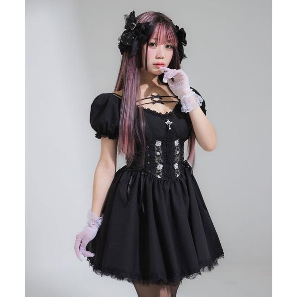 ワンピース 薔薇刺繍細見えレースアップミニワンピース