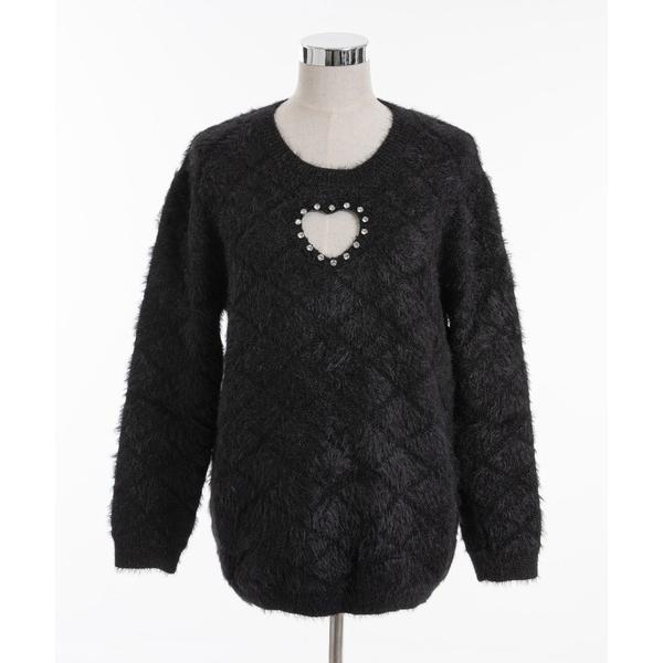 ニット セーター 着丈選べるビジューハート開きニット/チュニック/ミニワンピ「大きいサイズ有」 レデ...