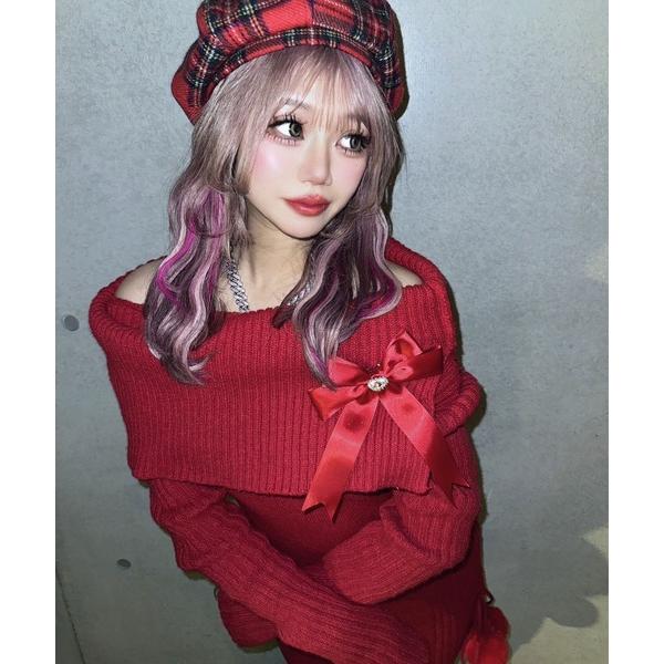 ワンピース ビジューリボン付オフショルニットワンピース「大きいサイズ有」