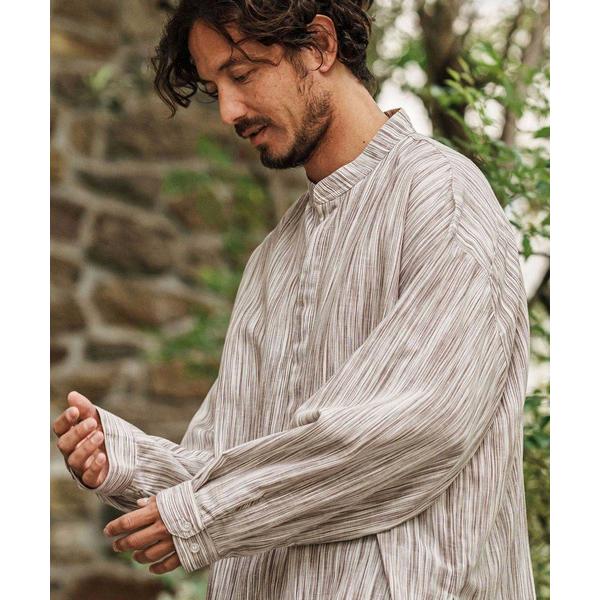 シャツ ms5911- レーヨンリネンバンドカラーストライププルオーバー シャツ メンズ