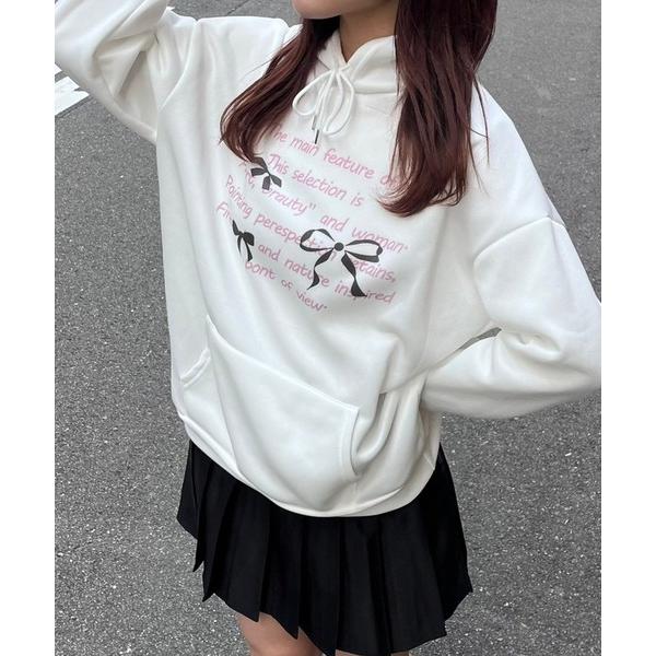 パーカー ピンクテキスト×リボンデザインパーカー レディース