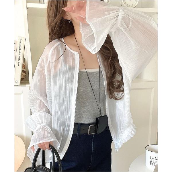 ブルゾン アウター 華やかな涼しげスタイル。楊柳シアー素材袖フリルクロップド丈ブルゾン（長袖） レデ...