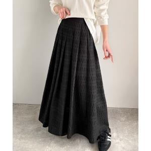 スカート ふんわり愛されシルエット。チェックレースジャガードタックフレアスカート（ロング丈）