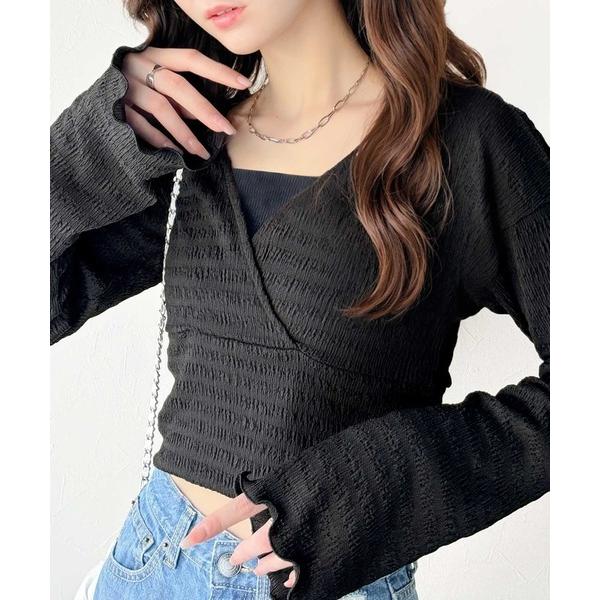 tシャツ スタイルアップが叶う！リボンカシュクールジャガードカットソー（フレアスリーブ） レディース