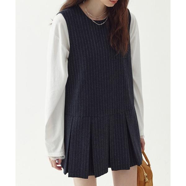 ワンピース ストライプ柄 ボックスプリーツ ノースリーブミニワンピース FD24L004「Fano ...