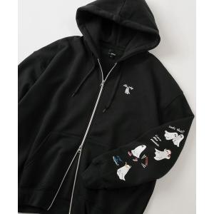 パーカー 「85」おばけイラスト ワンポイント刺繍 ＆ 袖プリント 裏起毛 ジップパーカー レディース メンズ