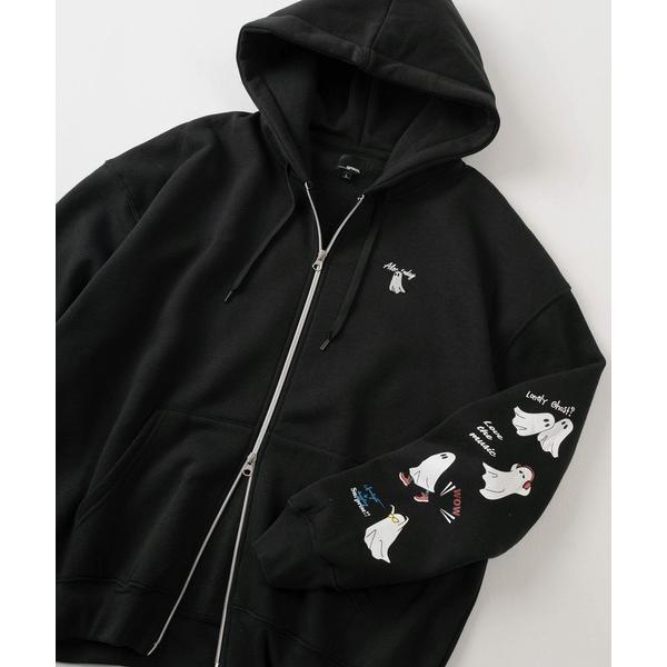 パーカー 「85」おばけイラスト ワンポイント刺繍 ＆ 袖プリント 裏起毛 ジップパーカー レディー...