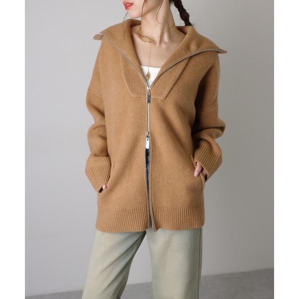 カーディガン double zip oversized knit hoodie top /ダブルジッ...