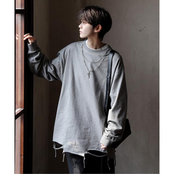 tシャツ 「neos」ルーズシルエット ピグメント ダメージ レイヤードネックレスセット プルオーバ...