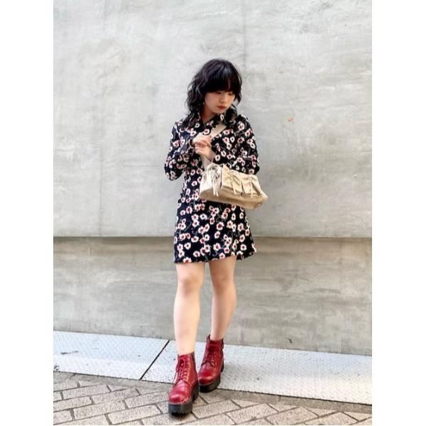 ワンピース レトロ花柄プリント シャツ襟のショートドレス