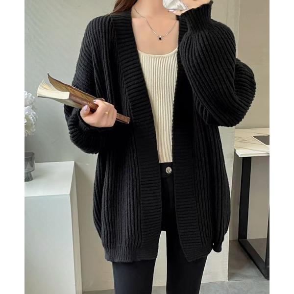 カーディガン 冬コーデに欠かせない！ボリューム袖が可愛いロングリブニットカーディガン レディース