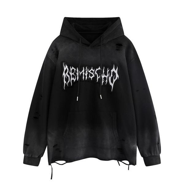 パーカー オーバーサイズダメージ加工刺繍ロゴスウェットプルオーバーパーカー メンズ レディース