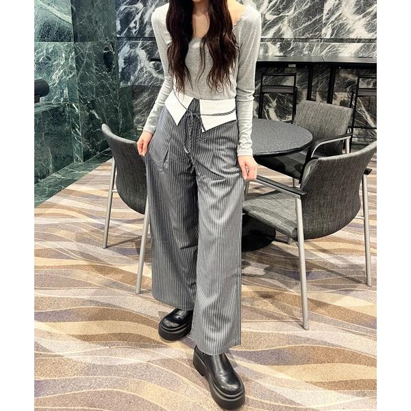 ワイドパンツ パンツ :SOLA ウエスト折り返しストライプパンツ レディース