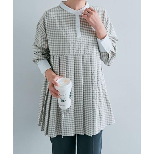 ブラウス シャツ プリーツ 切り替え ギンガム チェック シャツ レディース
