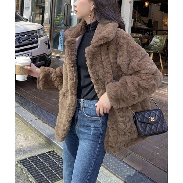 コート アウター ステンカラーフェイクファージャケット レディース
