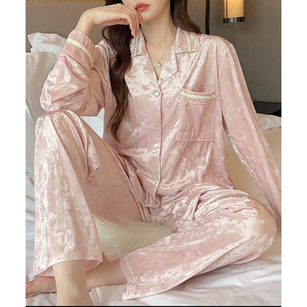 パジャマ ルームウェア レディース 長袖スリークベロア調刺繍ルームウェア 上下2点セット レディース