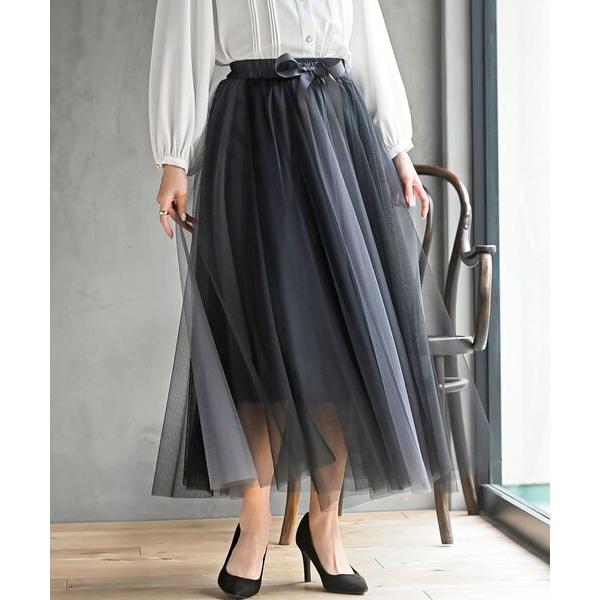 スカート ウエストリボンチュール配色ロングスカート