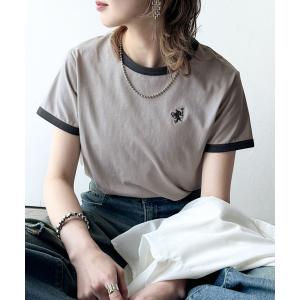 tシャツ デイリースタイルをアップデート。オーガニックコットン混 綿100％胸刺繍リンガーTシャツ レディース