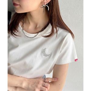 tシャツ オーガニックコットン100%。胸元ラメ糸ワンポイント刺繍 無地＆ボーダー柄Tシャツ（半袖） レディース