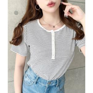 ヘンリーネック tシャツ 半袖 ヘンリーネックボーダー半袖Tシャツ レディース