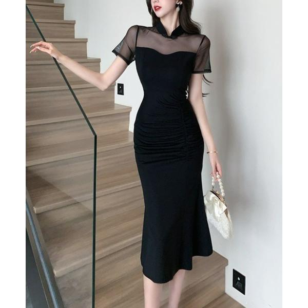 ドレス スタンドネックシアーブラックドレス