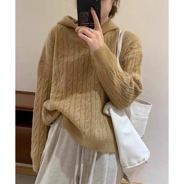 ニット セーター フード付きケーブル編み ゆったりシンプルカジュアルニット プルオーバー レディース