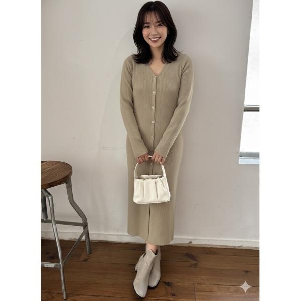 ニット セーター フロントボタン Vネック リブニット ロングワンピース レディース