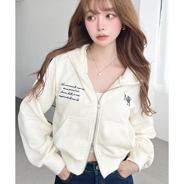 パーカー 裏毛ショート丈ロゴ刺繍ジップアップパーカー レディース
