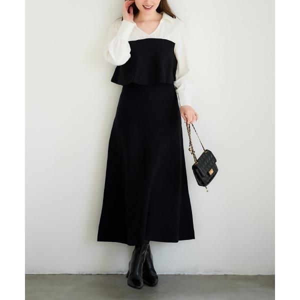 ワンピース シャツドッキングベア切替ニットワンピース