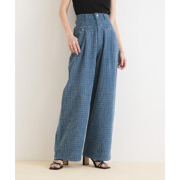 ワイドパンツ ジーンズ デニム デニムパンツ クラッシュデニム切り替えタックパンツ レディース