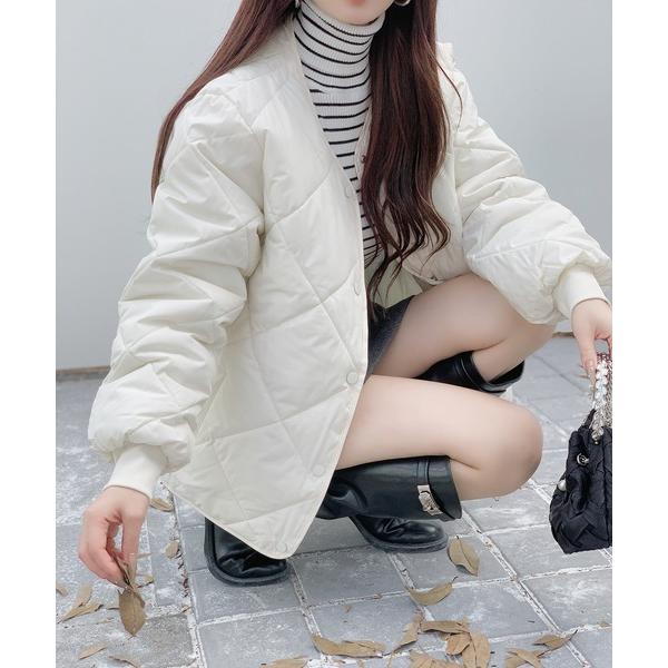 ジャケット ノーカラージャケット 着回し力抜群　中綿入りノーカラーキルティングジャケット レディース