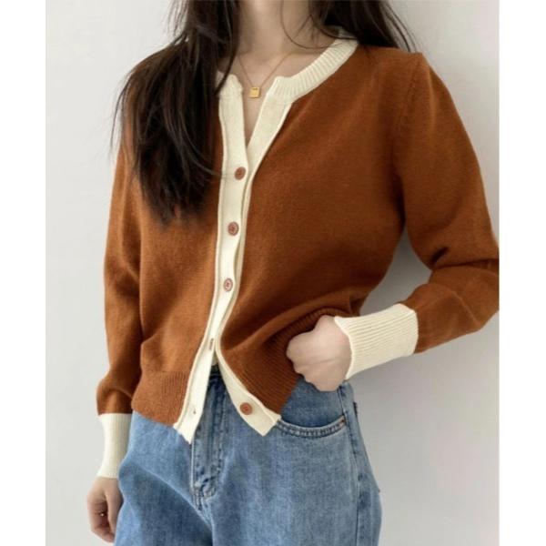 カーディガン シンプルながらもモダン。バイカラーVネックカーディガン レディース