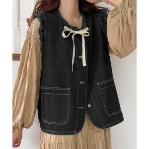 ベスト ジレ リボンデザインデニムベスト レディース