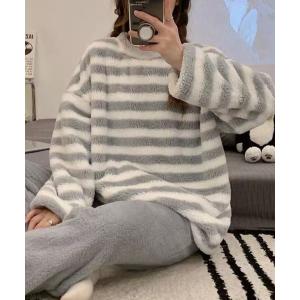 パジャマ ルームウェア もこもこシンプルボーダールームウェア　上下セット レディース